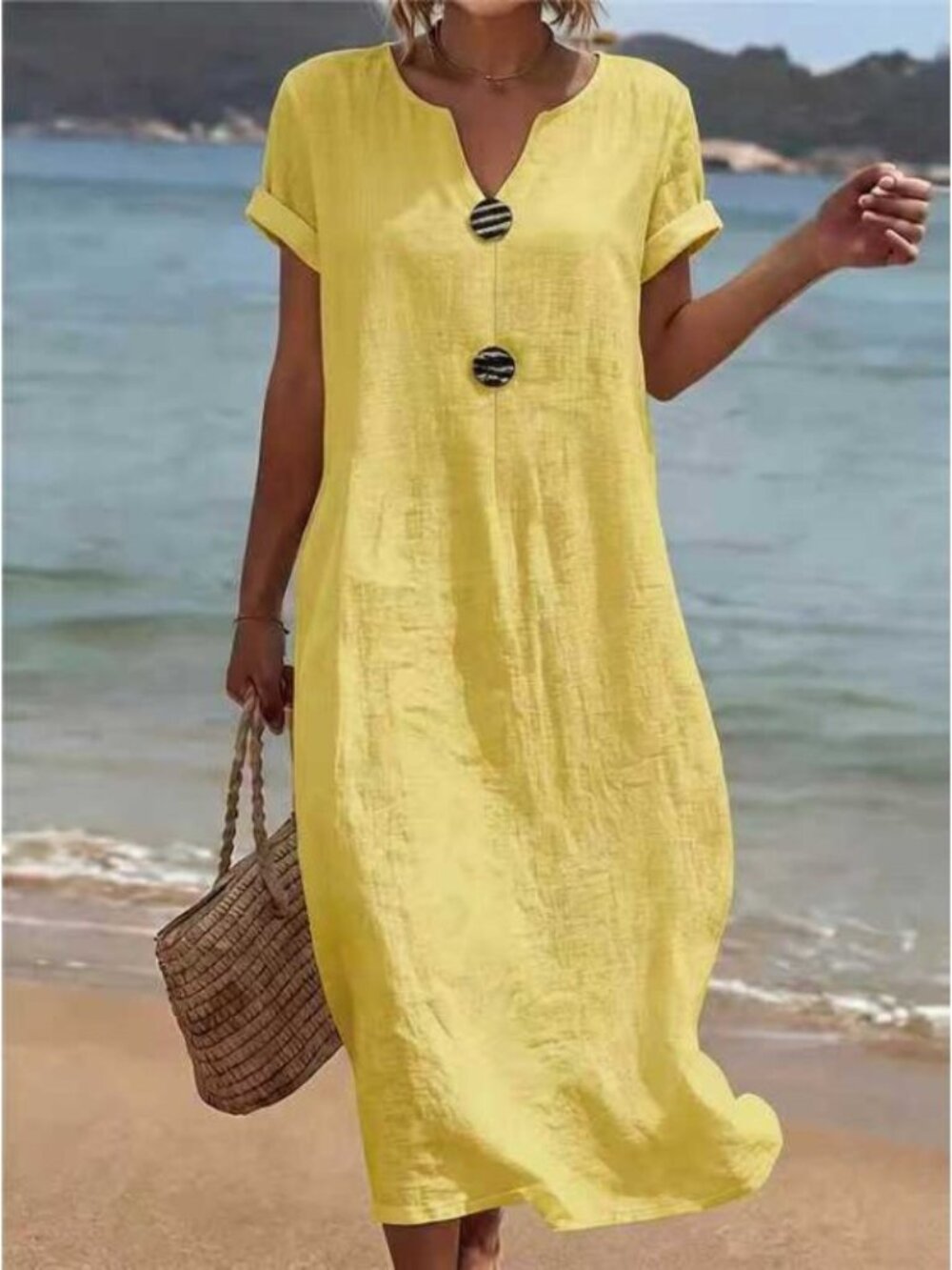 Women's Yellow V-Neck Short-Sleeve Relaxed Linen-Look Maxi Dress